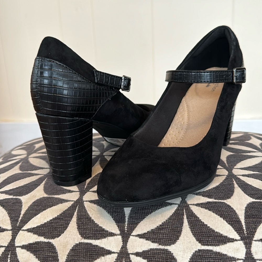 Black, size 7,  3” heels by Clarks - faux gator and suede